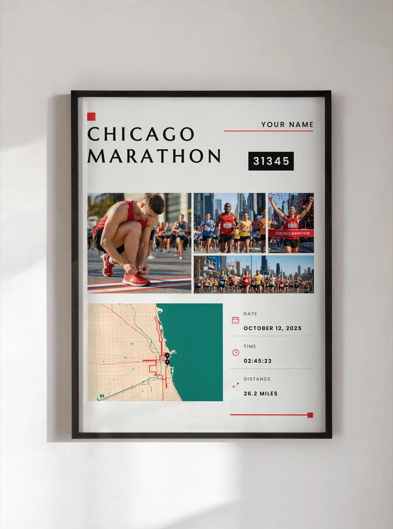 Framed Chicago Marathon keepsake created with Mapform Studio